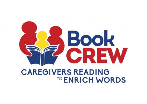 A logo with two adults and a child reading a book with the text saying Book Crew: Caregivers Reading to Enrich Words