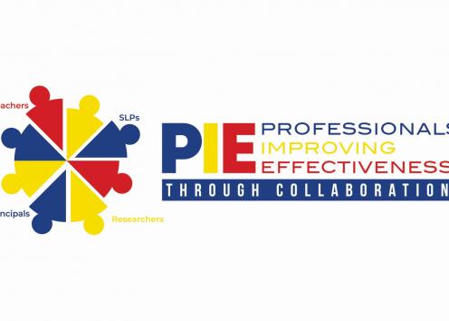 A logo showing people as pieces of a pie with different people labeled as teachers, SLPs, Researchers, Principals. Text says PIE: Professionals Improving Effectiveness through Collaboration